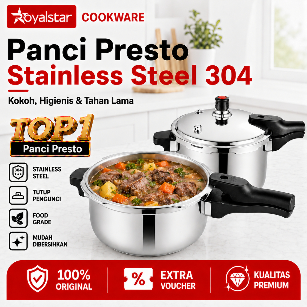 Royalstar Panci Presto Stainless Steel 4L/8L/12L Liter Panci Steamer Pressure Cooker