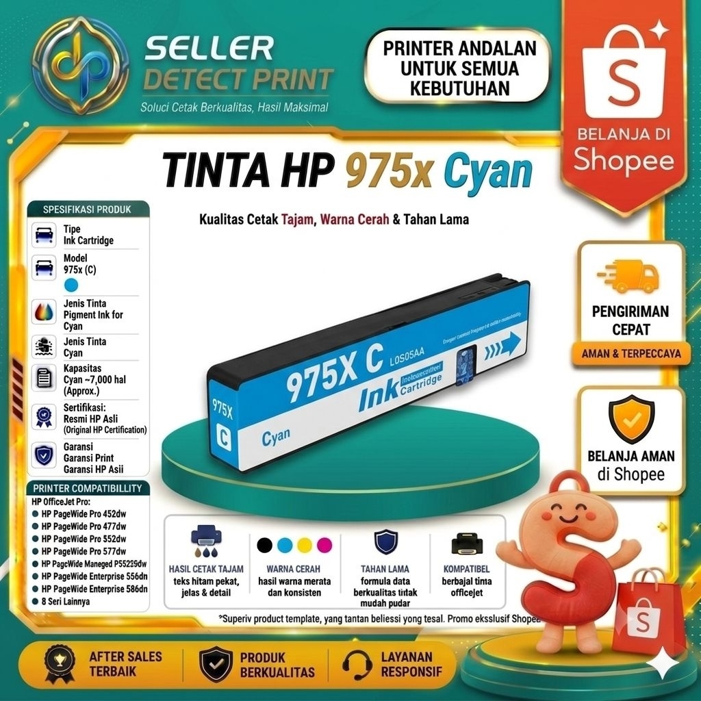 Catridge Tinta Compatible HP 975X Cyan Printer HP Pagewide Pro 452dn, 452dw, 477dn, 477dw, 552dw