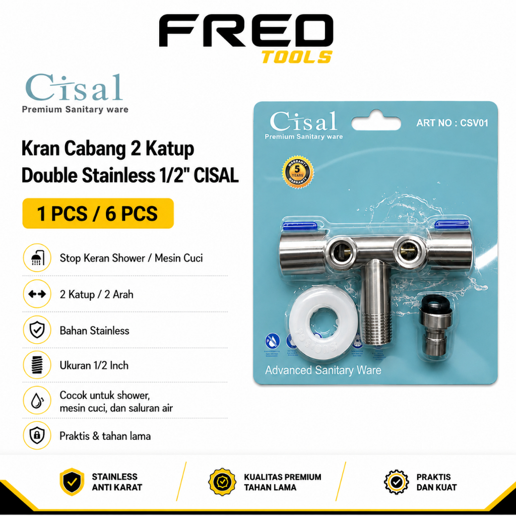 CISAL Stop Keran Cabang 2 Katup Double 1/2 Inch Stainless / Kram Cabang Shower Mesin Cuci 2 Arah / K