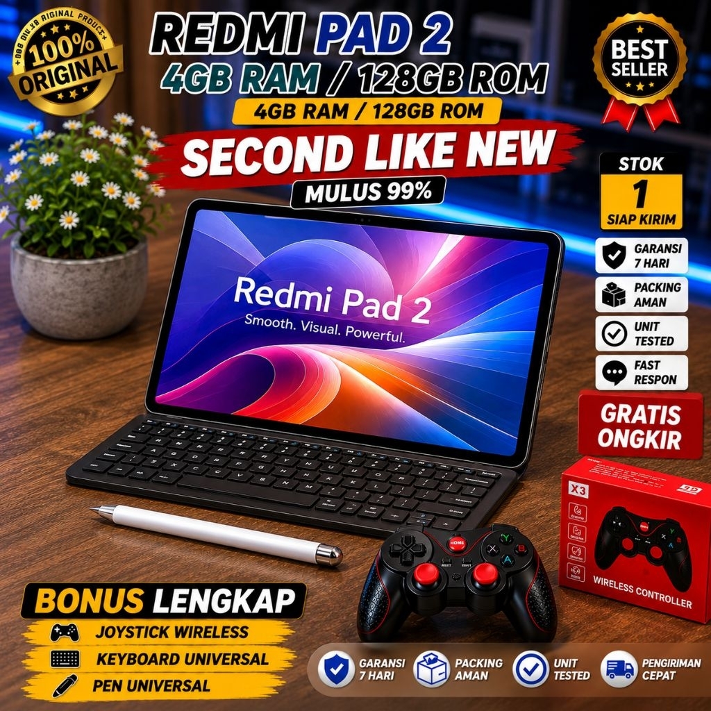 Redmi Pad 2 4 128GB Second Like New Mulus Tablet Xiaomi Murah Bonus Keyboard Pen Stylus Joystick Gam