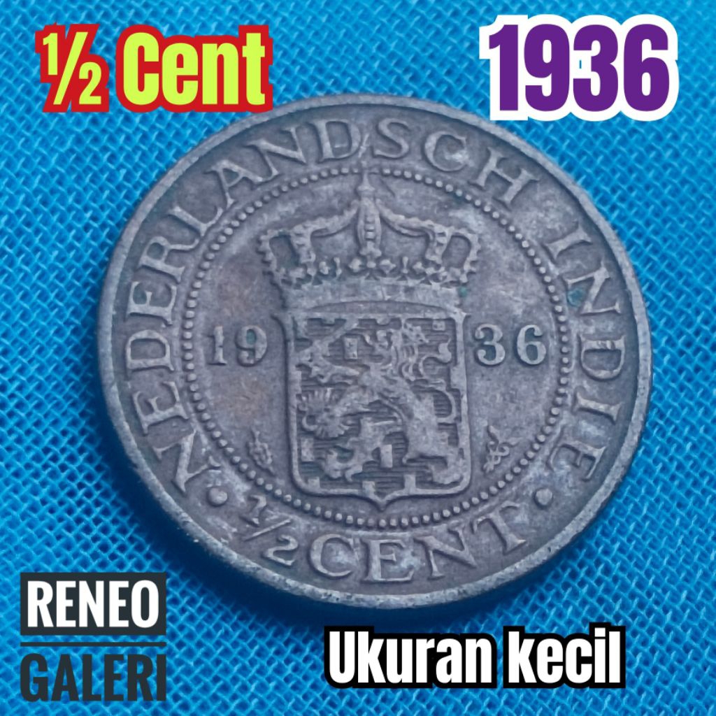 Koin kecil ½ Cent tahun 1936 asli Nederland indie 1/2 sen 0,5 setengah uang lama kuno duit logam ori