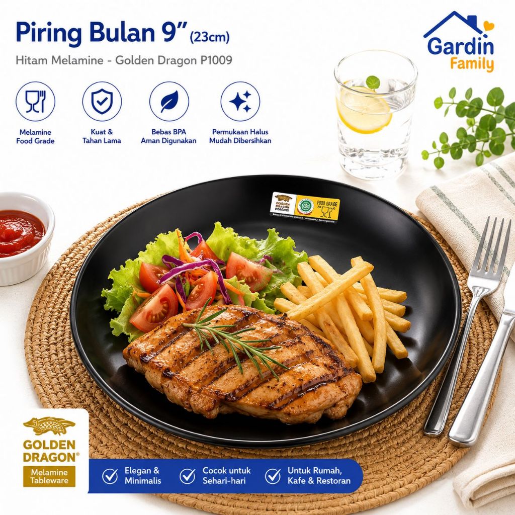 Piring Bulan 9" 23cm Hitam Melamine  - Golden Dragon P1009