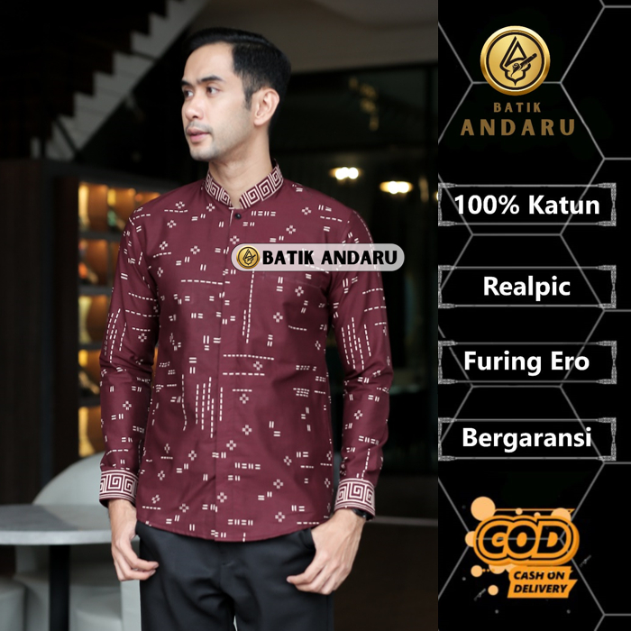 Batik Andaru Motif Koko Kalimasada Baju Koko Qurta Muslim Pria Dewasa Slim Fit Lengan Panjang Modern