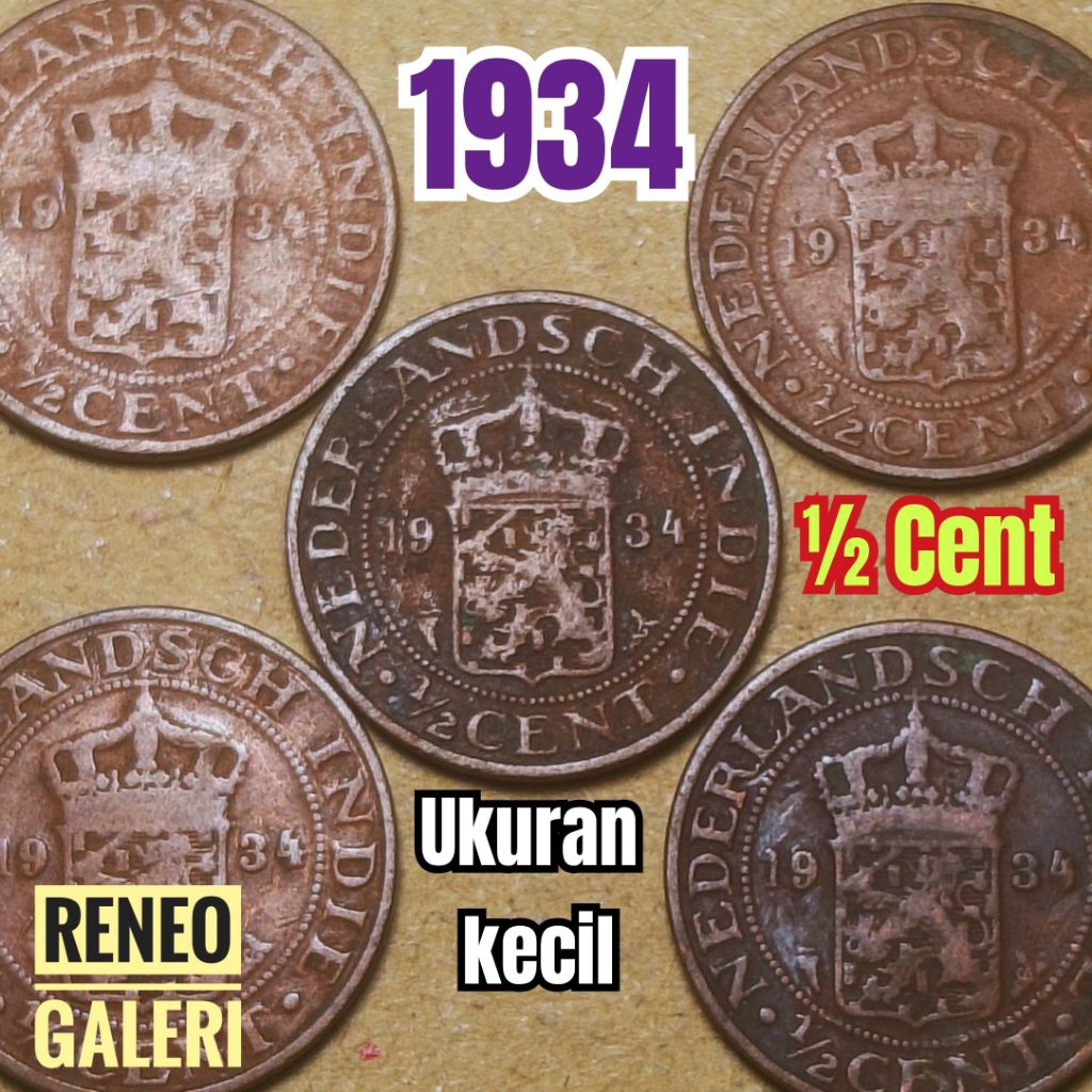 Koin kecil ½ Cent tahun 1934 asli Nederlandsch indie 1/2 0,5 sen uang kuno jaman Hindia Belanda duit