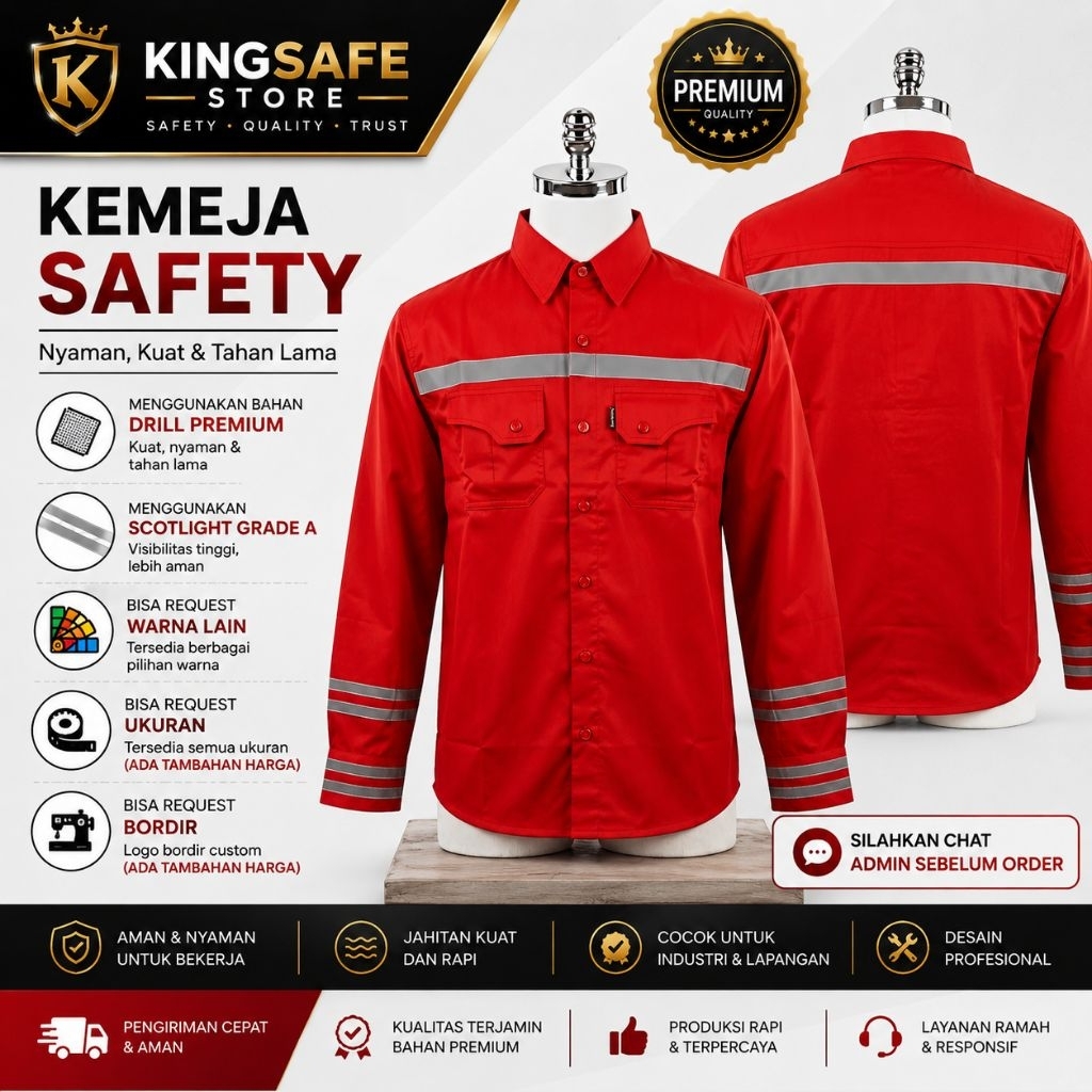 BAJU SAFETY LENGAN PANJANG - BAJU SAFETY BAHAN DRILL - BAJU ATASAN SAFETY MERAH