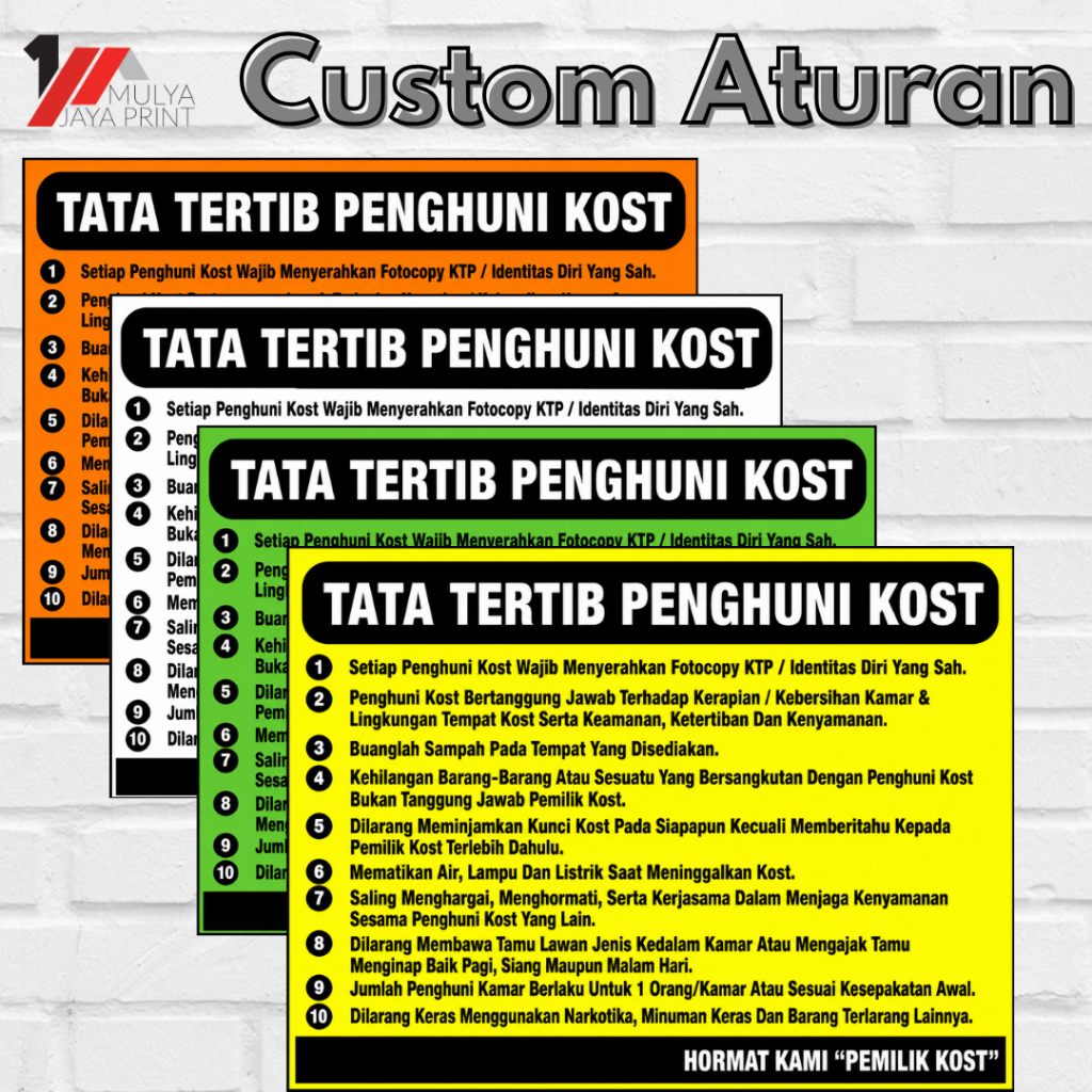 Stiker Tata Tertib Kost | Peraturan kost | Stiker Vynil Tahan Air