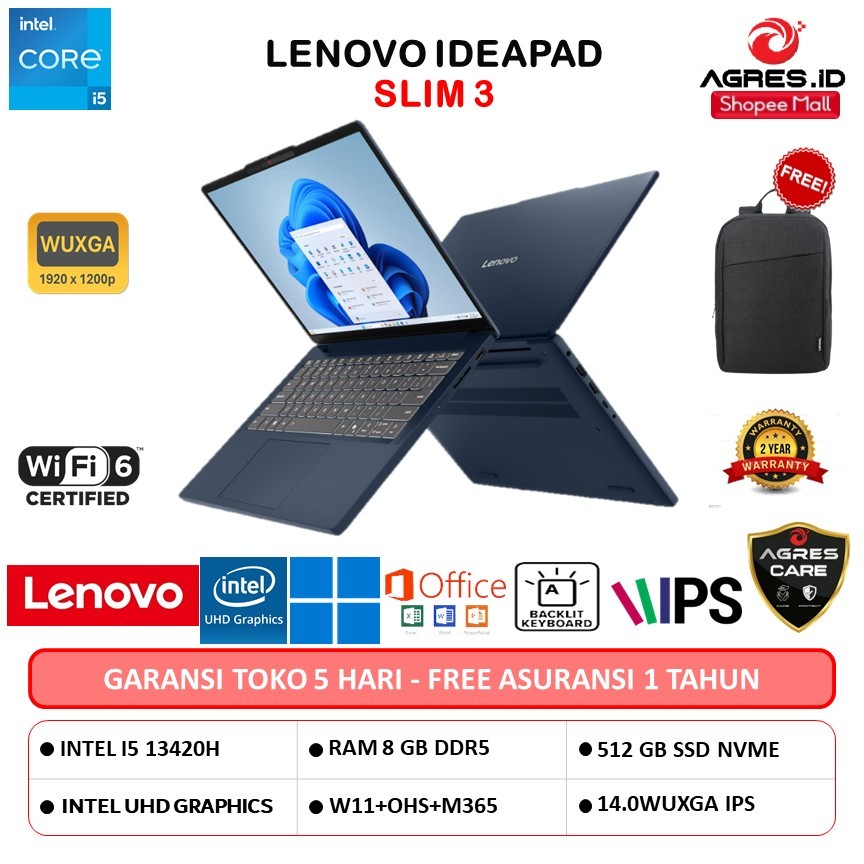 LAPTOP LENOVO IDEAPAD SLIM 3 14 I5 13420H 8GB 512GB W11+OHS+M365B 14.0WUXGA IPS BLIT 2Y PREM+2ADP