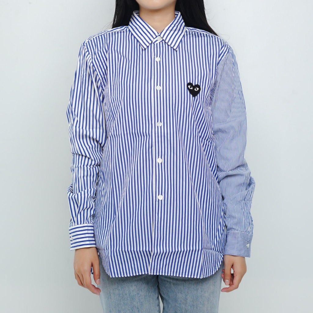 Kemeja CDG PLAY HEART BLACK STRIPE EXCLUSIVE NAVY LONG SHIRT 100% ORIGINAL