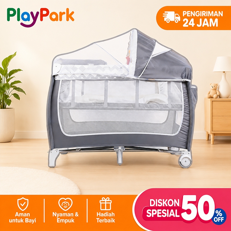 PlayPark Box Bayi Tempat Tidur Bayi 6in1 Bisa Dilipat, Portabel dengan Roda + Bonus Kelambu & Hadiah