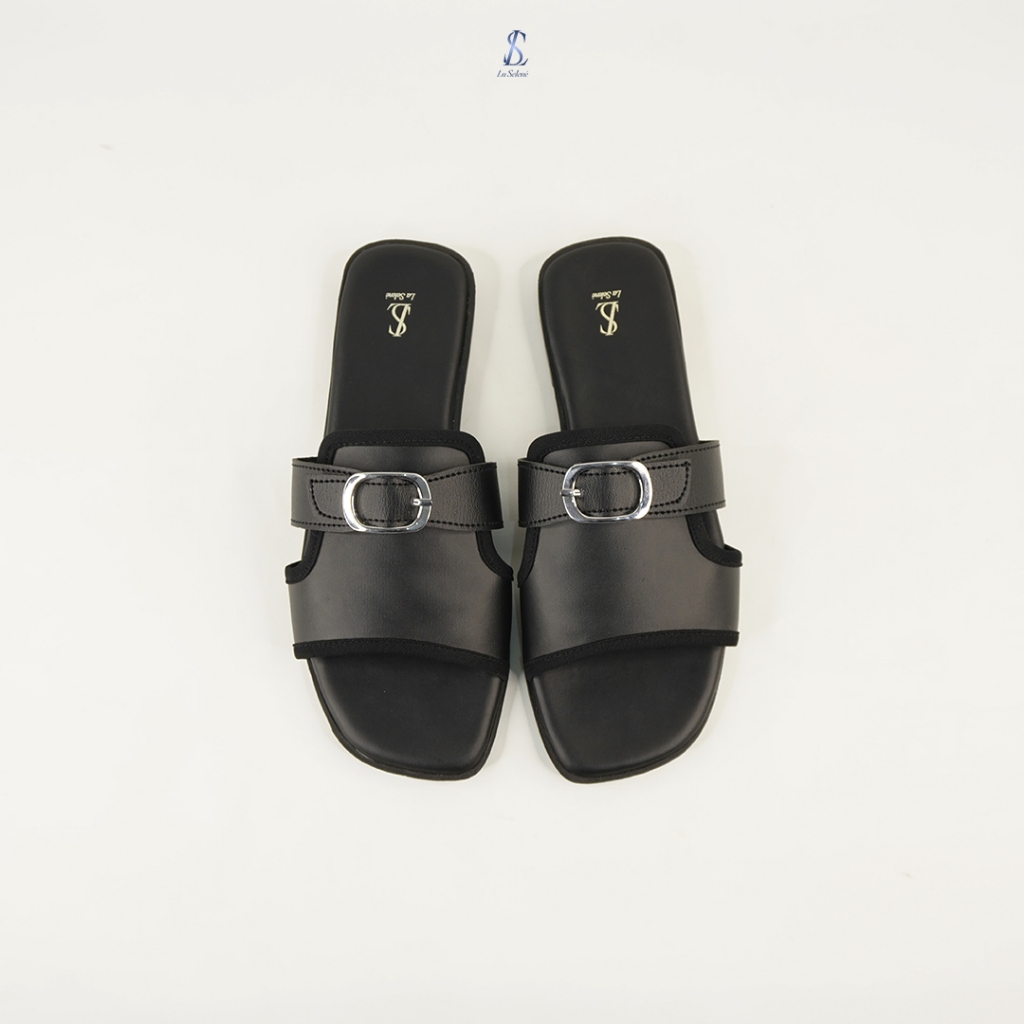 LaSelene - Zora Sandal Wanita Flat Sandal Slop Teplek Gesper Anti Slip L1 | Black Leather
