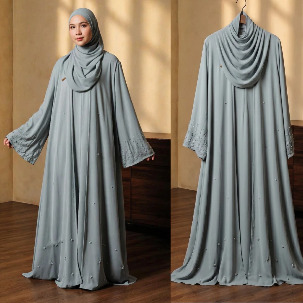 Mahreen Abaya Gamis Wanita Ceruty Babydoll Premium Full Furing Tangan Blouse Kerut Payet Mutiara Mew