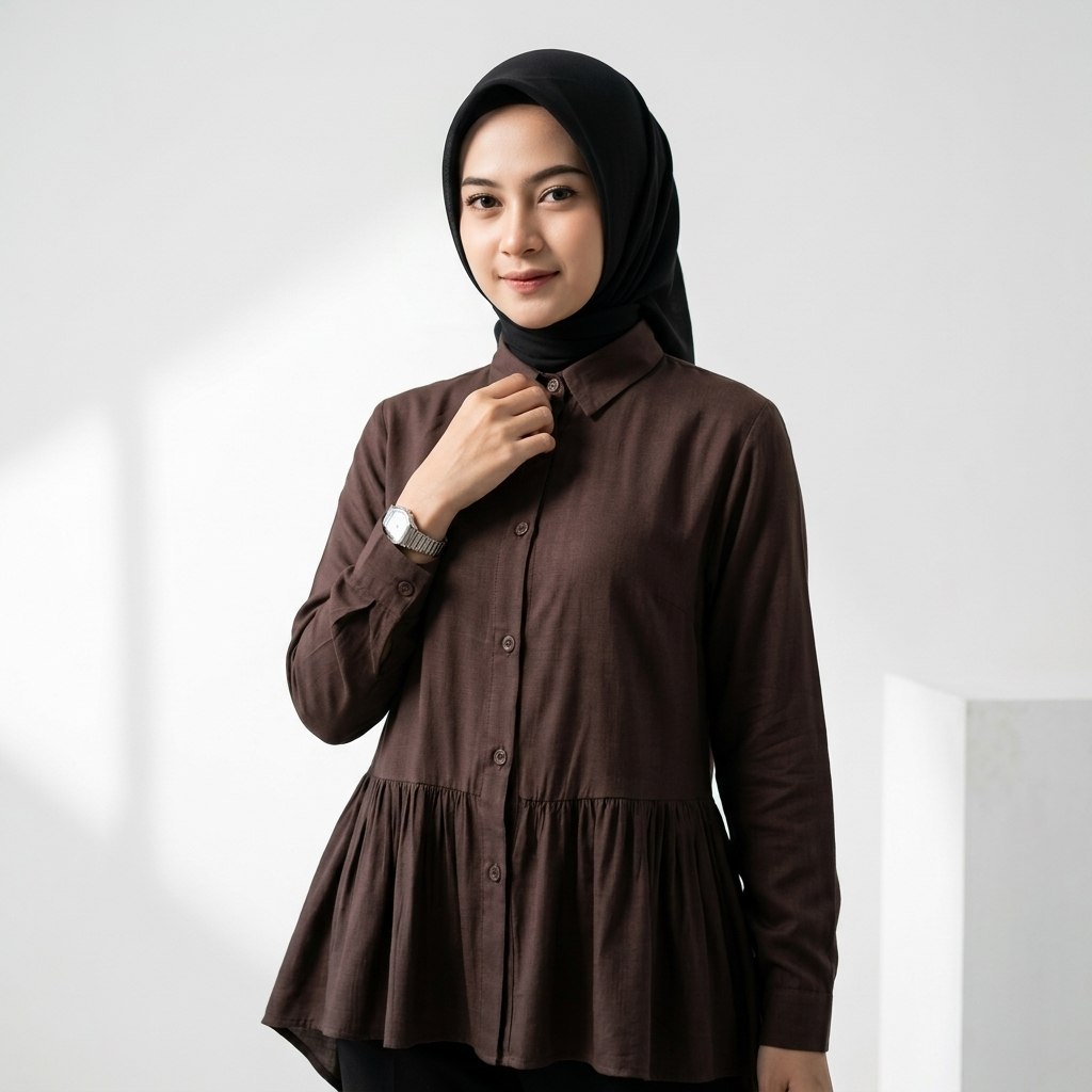 Kemeja Lily Blouse Rayon Twill Atasan Ruffle Wanita Rempel Polos Lengan Panjang Kekinian