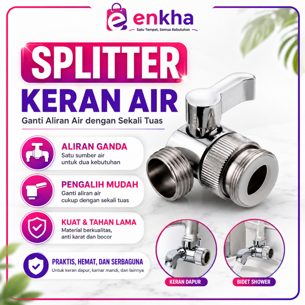 Splitter Keran Air 2 Arah Diverter Valve Connector Pembagi Aliran Air Kran Wastafel Mesin Cuci