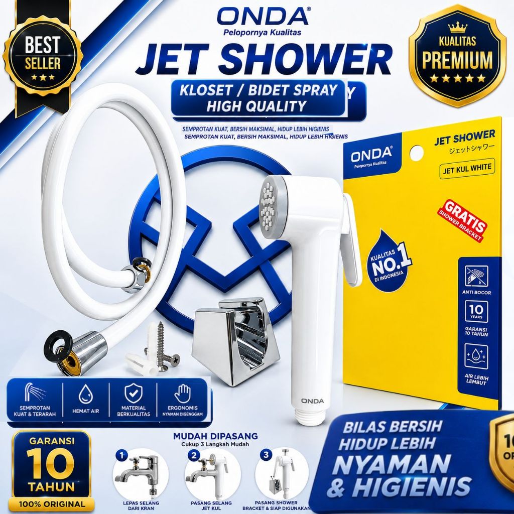 ONDA Jet Shower Jet Kul White Original | Semprotan Closet Toilet WC Bidet Spray + Selang 1,2M + Brac