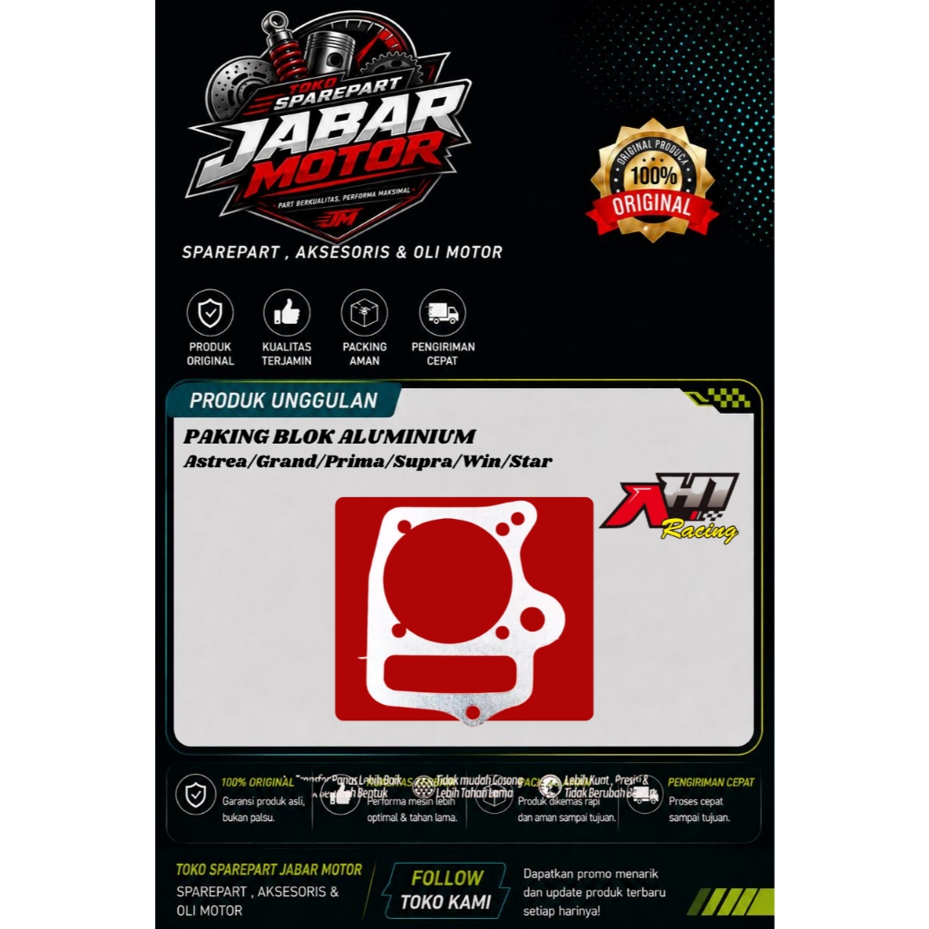 PAKING ALUMUNIUM BLOK PLENDES BURING STROKE ASTREA GRAND SUPRA WIN 50/2MM, 60/1MM AH1 RACING
