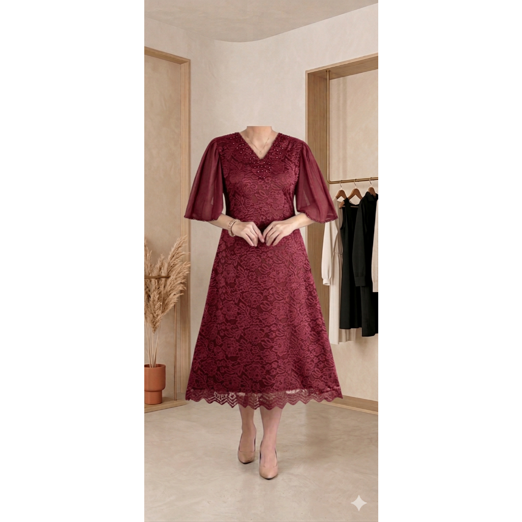 Dress A Fatmawati dengan Leher V Hiasan  Mutiara/Midi Dress Brokat Modern Lengan Lonceng Premium / B