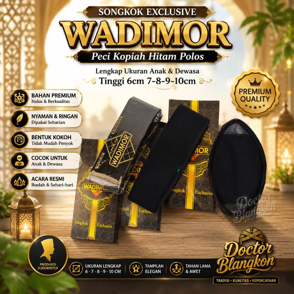 Peci Songkok Hitam Cap Wadimor Tinggi 5 6 7 8 9 Cm Halus Tebal Murah Kopiah Hitam Pria