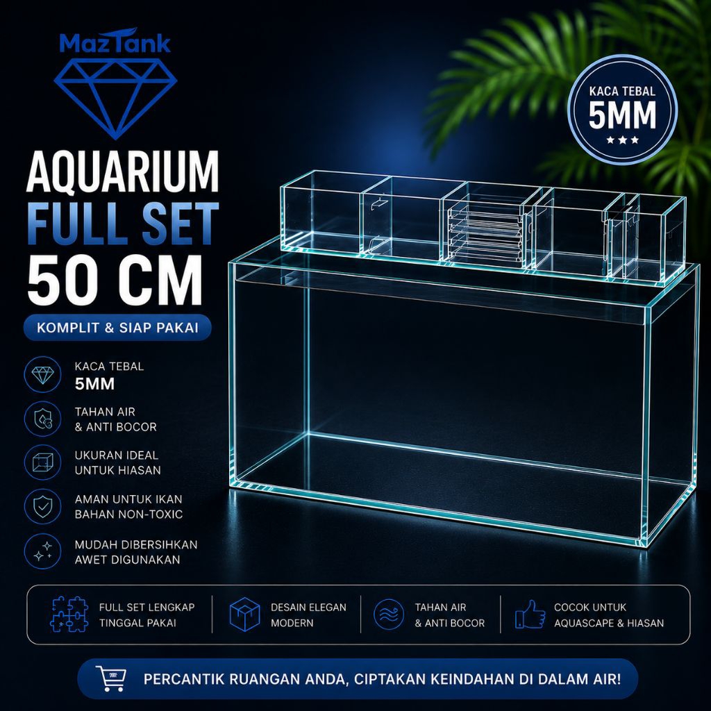 Aquarium Full Set 50cm - Premium Kaca Bening 5mm - Filter Kotak Aquascape Aquarium
