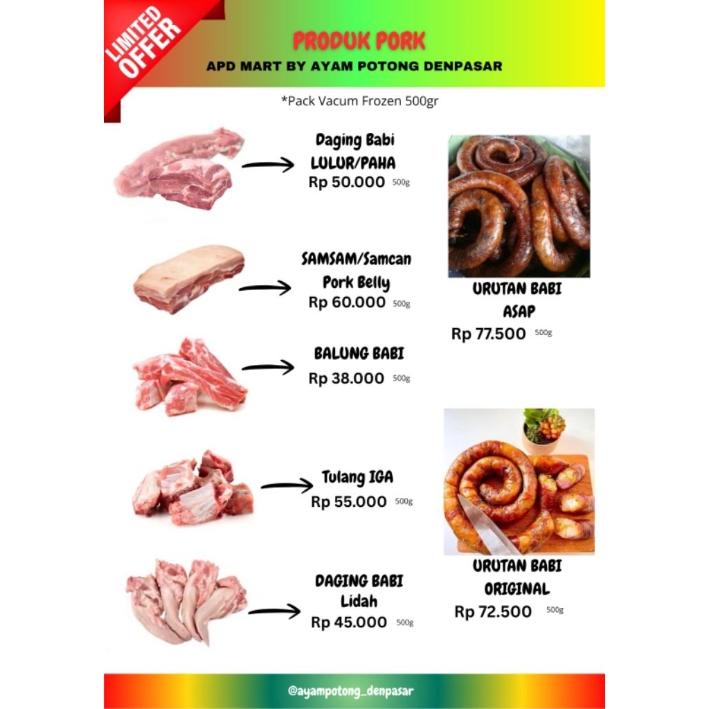 TULANG IGA BABI | BACON | URUTAN | SAMSAM | LULUR BABI | PAHA BABI | LIDAH BABI | DAGING BABI
