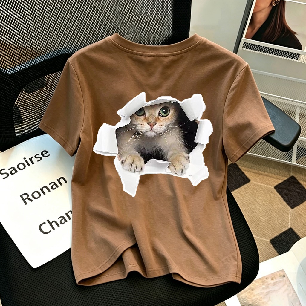 [COD]Kaos Pola Kucing lucu korea Cokelat| baju atasan wanita terbaru | Kaos Ramping | 6.06