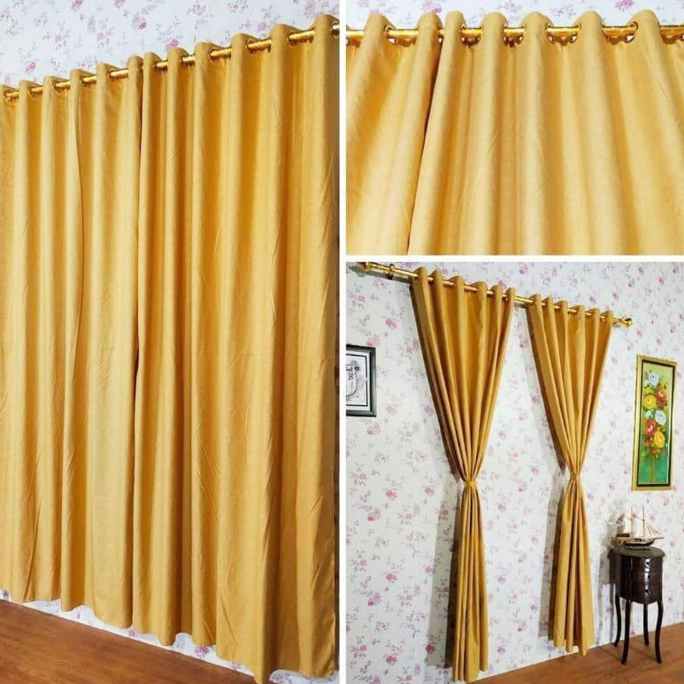 [ 2 pcs ] Gorden Gold /  kuning  ukuran  100x230 cm smokering polos emboss kordeng jendela atau pint