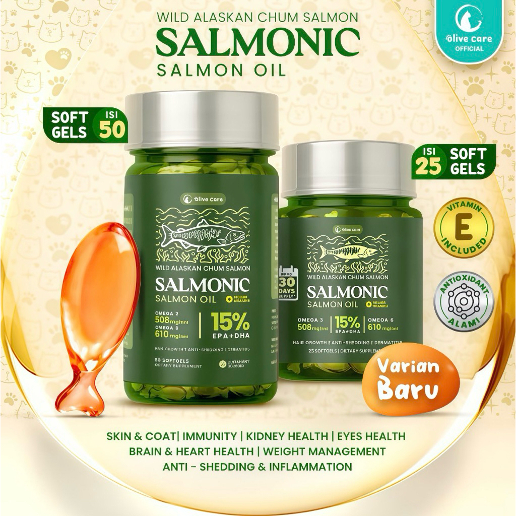 Olive Care SALMONIC Vitamin Minyak Ikan Kucing Murni & Alami Non-GMO Tinggi Omega 3 EPA DHA Omega 6 