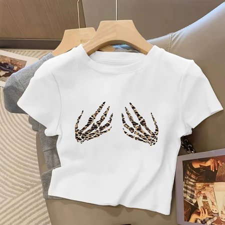 CROP TOP RIB TANGAN LEOPARD/KAOS WANITA CROP TOP