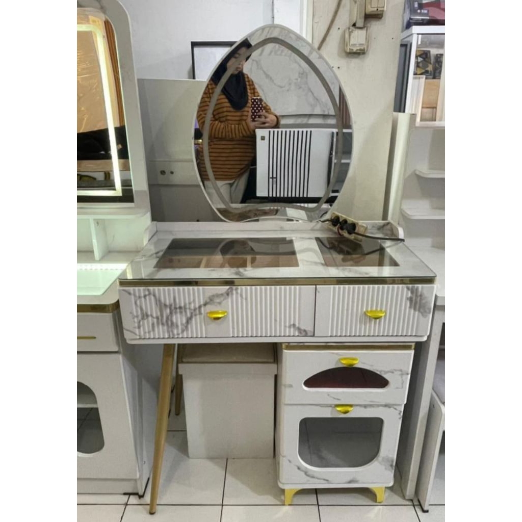 meja rias kaca rias dressing table 80 cm 90 cm kekinian kaca bulat oval kotak putih motif marmer mar