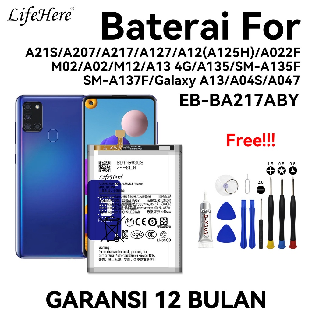 Lifehere baterai- Samsung A21S / A02 / A04S / A12 / A13 / M02 / M12 Baterai  EB-BA217ABY  baterai ba