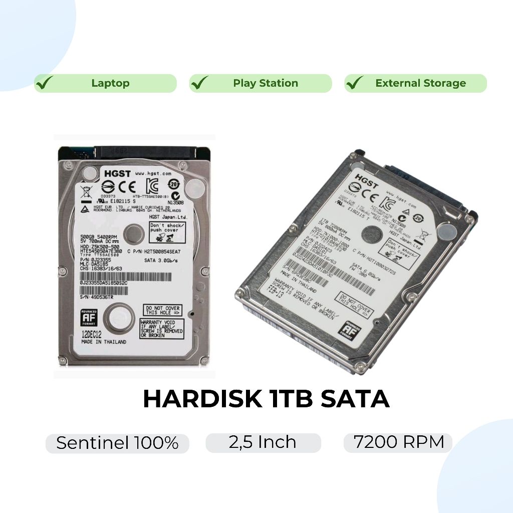 Hardisk SATA 2.5 Inci 500GB / 750GB / 1TB - Merk TOSHIBA / WD / HGST - 7200 RPM, Sentinel 100%