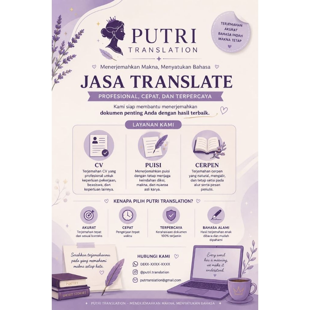 PUTRI TRANSLATE | Terjemahan Indonesia - Inggris untuk CV, Puisi & Cerpen