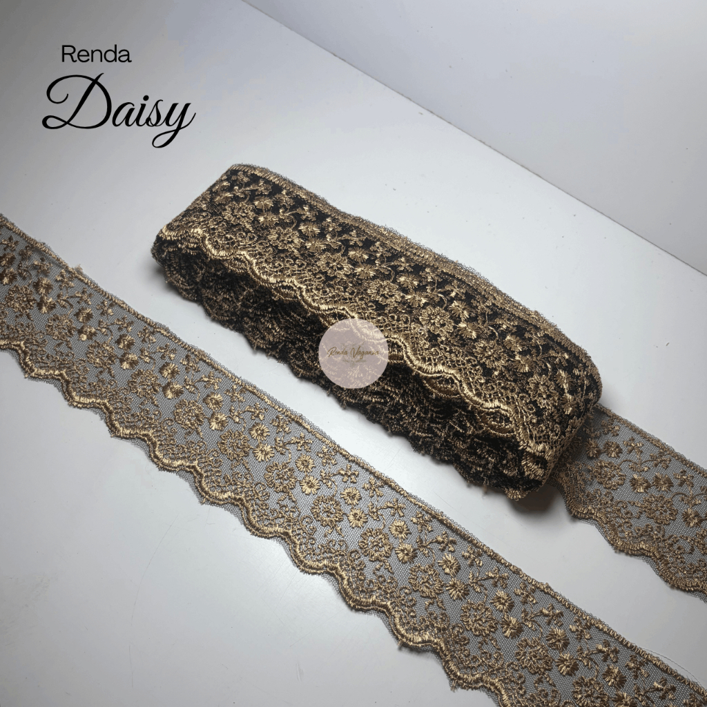 RENDA TULLE / TILLE / TILE DAISY HITAM GOLD LEBAR 6CM