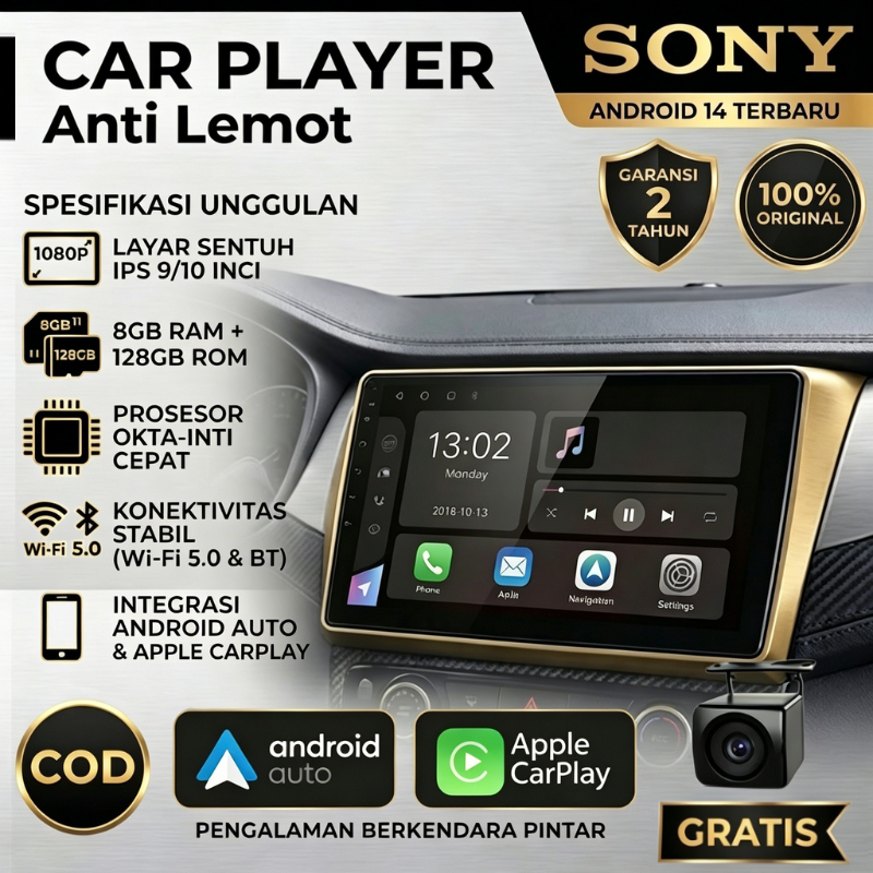Sony Head Unit 9/10 Inci 8+128GB Android14 Dukungan Carplay Android Auto WiFi GPS Berlaku untukr Sem