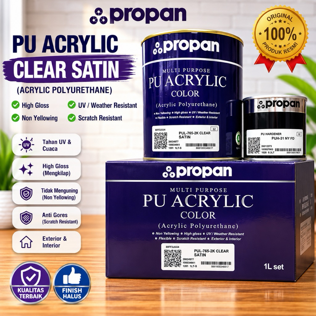 Propan PU Acrylic Clear Satin 1L Set + Hardener | Clear Coat Polyurethane Transparan Satin | Anti UV