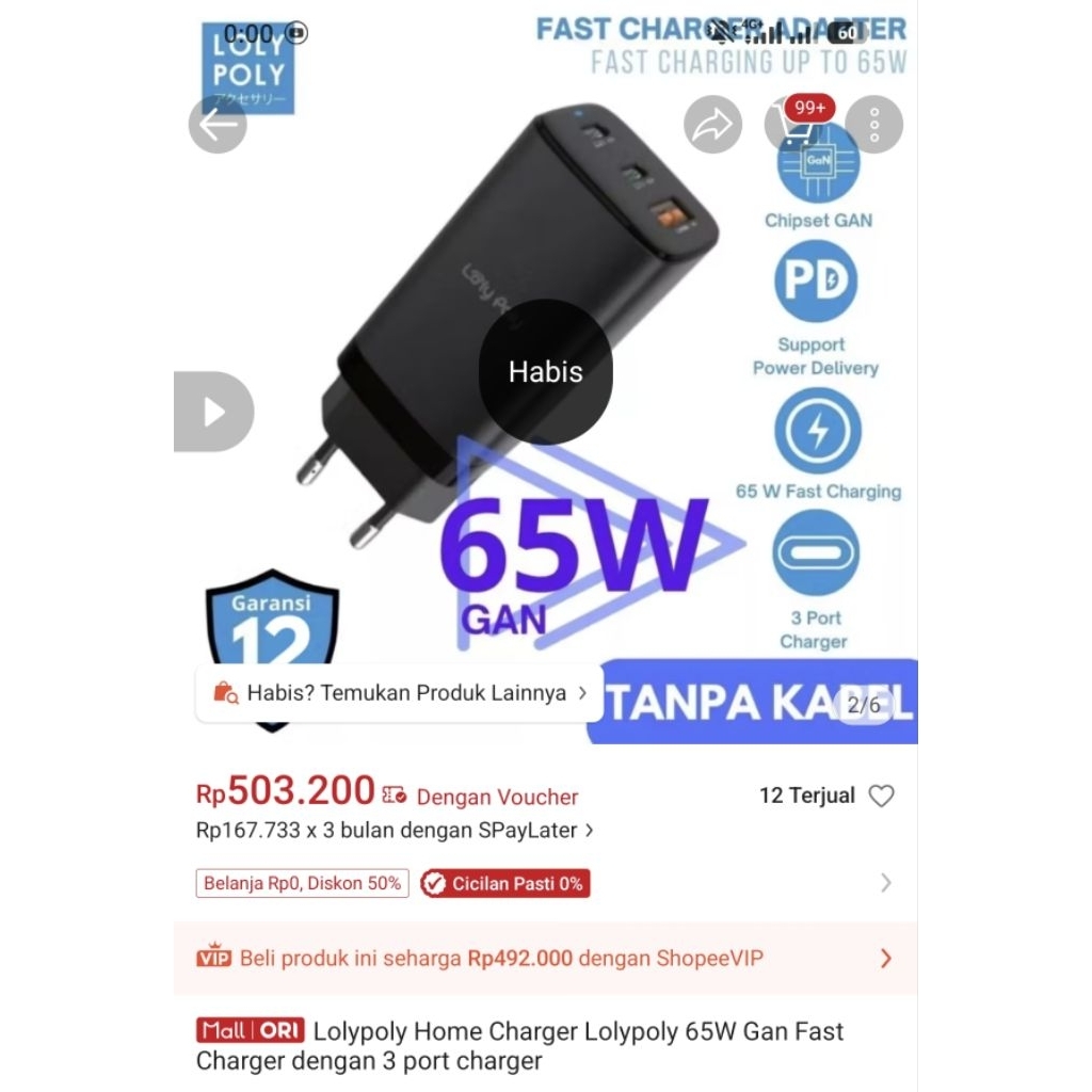 Lolypoly Home Charger Lolypoly 65W Gan FastCharger dengan 3 port charger