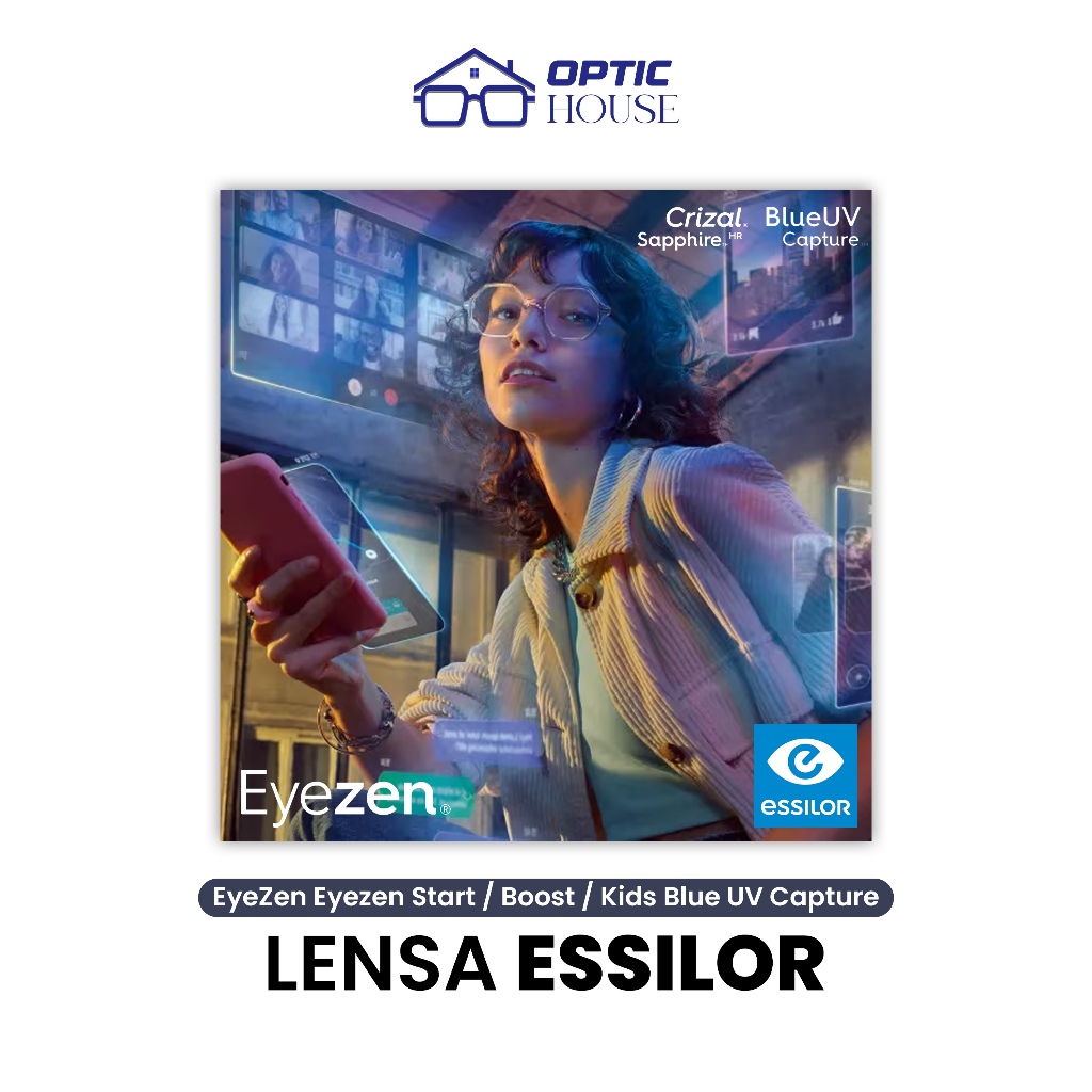 Lensa Essilor Eyezen Start / Boost / Kids Blue UV Capture Crizal Sapphire HR Orma 1.5 Airwear 1.59 O