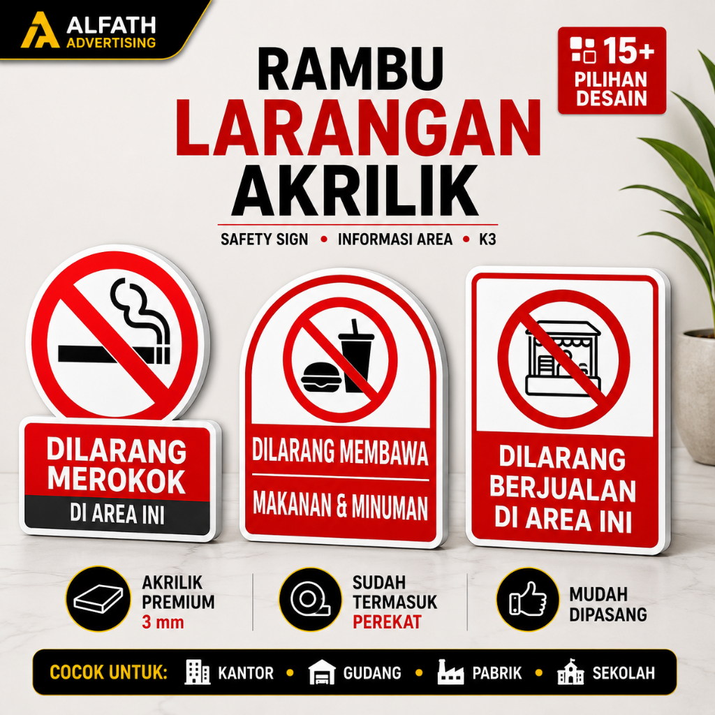 Papan Larangan Akrilik 3mm Premium | Sign Dilarang Merokok, Dilarang Berjualan, Dilarang Membawa Mak