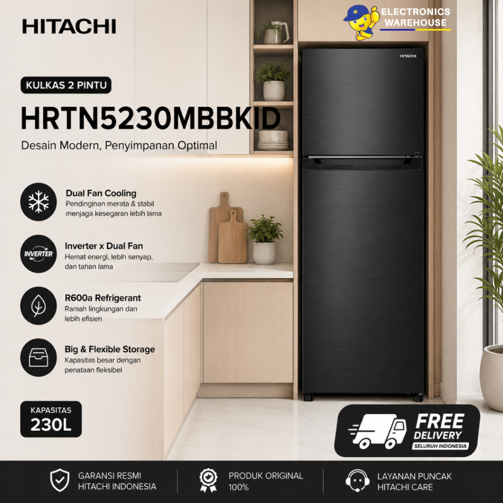HITACHI Kulkas 2 Pintu Top Freezer 210 Liter HRTN5230MBBKID