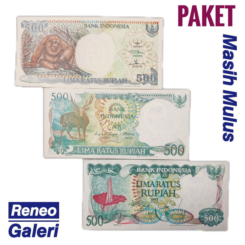 Paket 3 generasi berbeda uang kuno 500 Rupiah Mulus asli set duit kertas lama jaman dulu Indonesia o