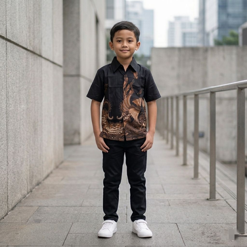 Batik Anak Cowok Usia 3-10 Tahun Hitam Mahogani Bahan Katun Solo Reguler Fit - Fatih Batik Medan