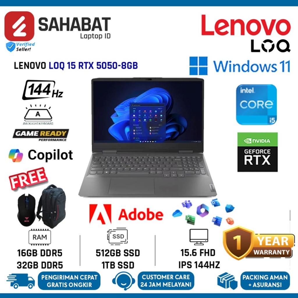 Laptop Gaming Lenovo LOQ 15 Intel Core i5 13450HX RTX5050 RTX4050 32GB 1TB 15.6 FHD IPS 144Hz WIN11