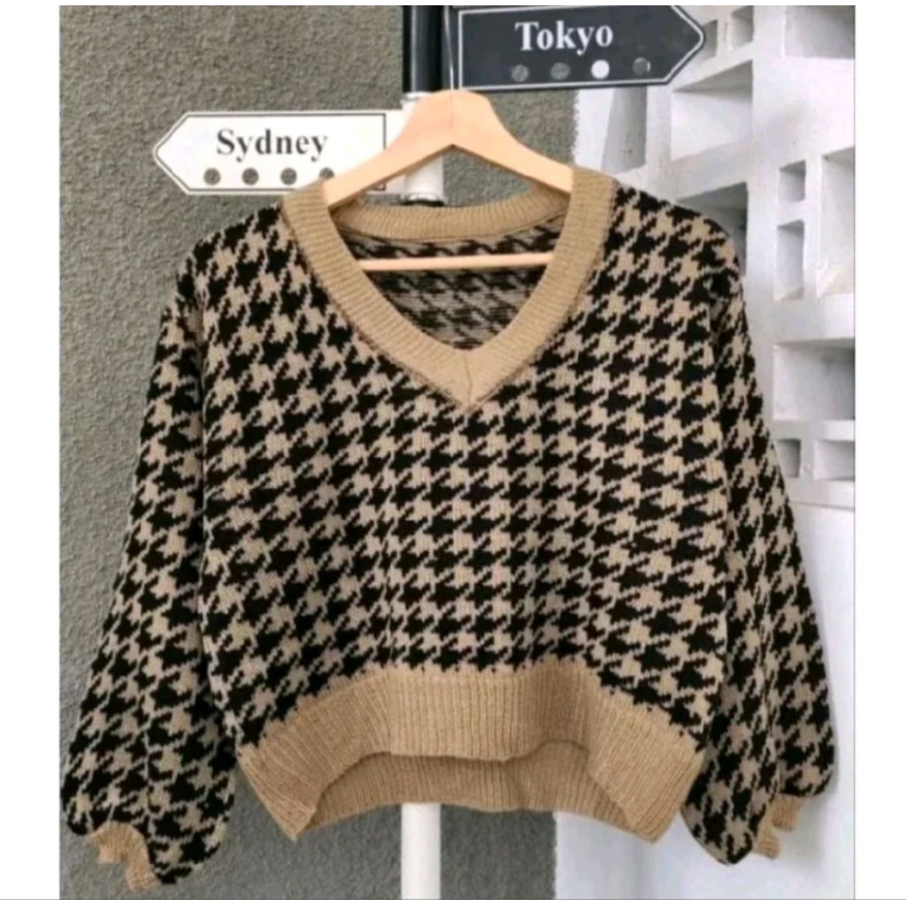 Sweater Rajut Crop Top Houndstooth Outwear Autumn Crop Top Sweater/Sweater Crop Top Atasan