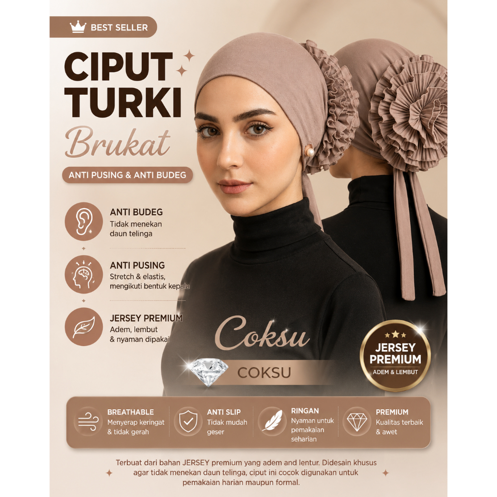 Ciput Turky Cepol Brukat Anti Pusing | Inner Turky Sanggul | Ciput Hijab Inner Turky