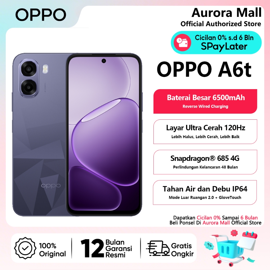 Hp OPPO A6t 4/128GB RAM 4+4GB Extended ROM 128GB Official Store Android Murah Terbaru 2026 Handphone
