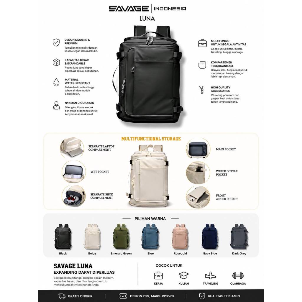 SAVAGE LUNA Ransel Travel Backpack Koper Laptop Waterproof Pria Wanita Original