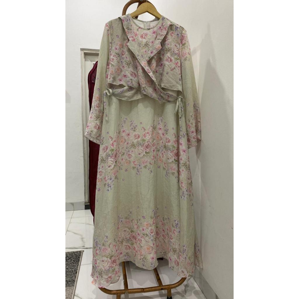 Gamis Muslimah Motif Bunga Pastel + Outer Layer Elegan | Dress Syari Wanita Lengan Panjang