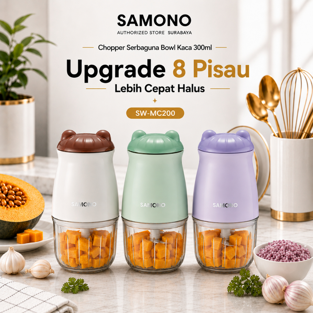 SAMONO Chopper Upgrade 8 Pisau Stainles Wadah Kaca 300ml 200 Watt Mesin Penggiling Bumbu Daging MPASI Halus Lebih Cepat Blender Pembuat Makanan Bayi  Sebaguna Multifungsi
