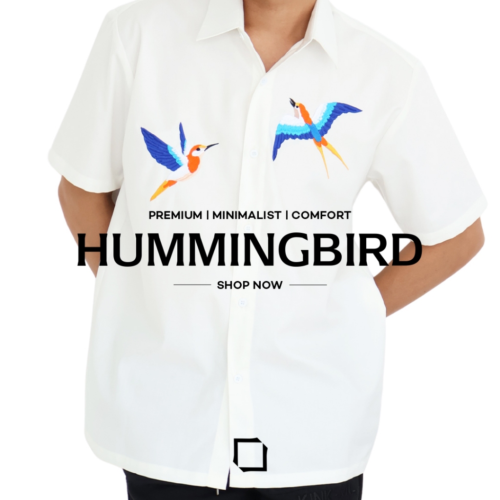 Kemeja Pria Lengan Pendek Premium Bordir | HUMMINGBIRD White by KINKAMI
