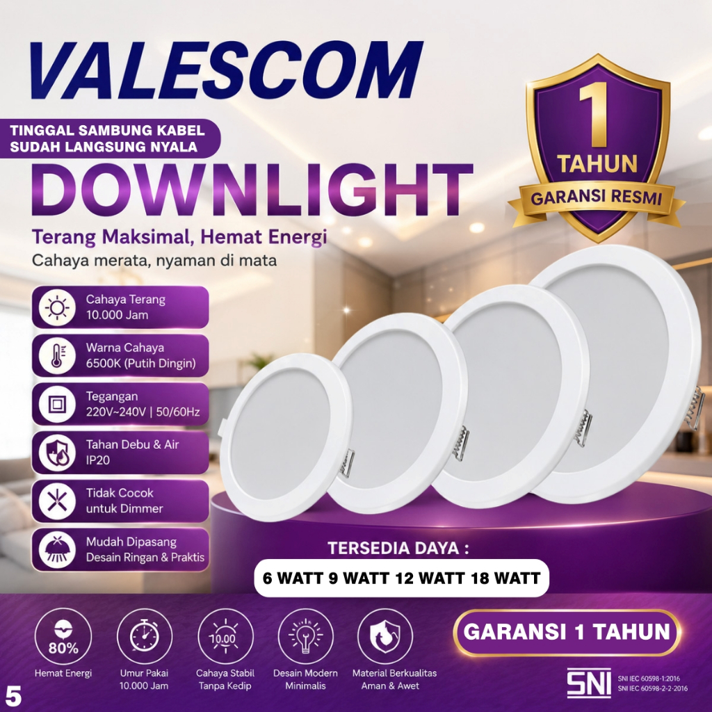 Lampu Downlight LED Bulat VALESCOM 6w 9w 12w 18w 6 watt 9 watt 12 watt 18 watt 6watt 9watt 12watt 18