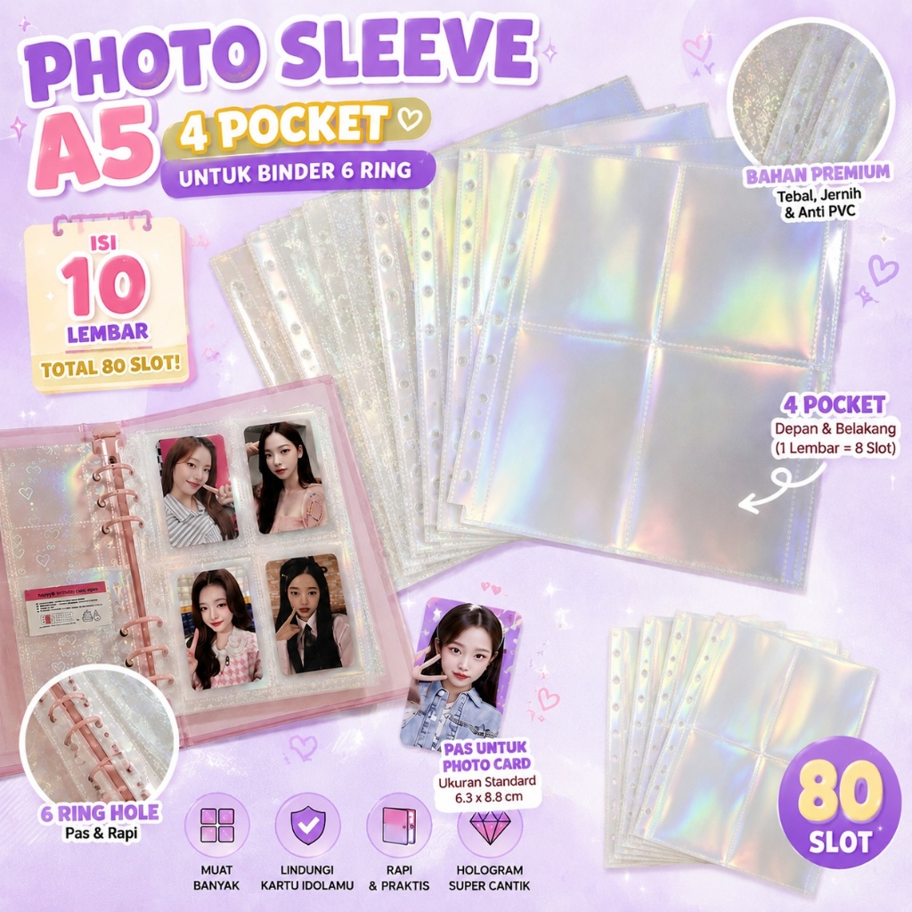 10pcs Photo Sleeve 4P Photo Card A5 untuk Binder 6 Ring Photo Card PC / MPC isi 10 Lembar Holder Pho